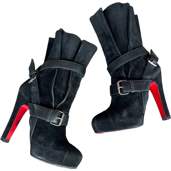 Christian Louboutin Guerriere 120 Ankle Boots in Black Suede  Christian Louboutin GUERRIERE 120 Black Leather Suede Platform Moto Ankle Boots